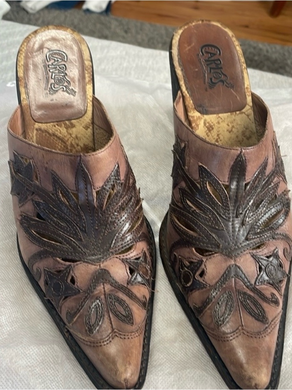 Carlos Santana Brown Leather Pointed Mules with Dark Brown Cutouts